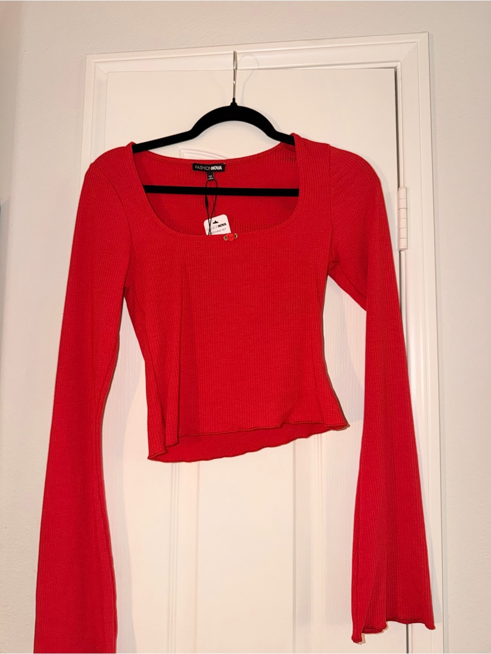 Fashion Nova Red Ribbed Scoop Neck Long Sleeve Crop Top